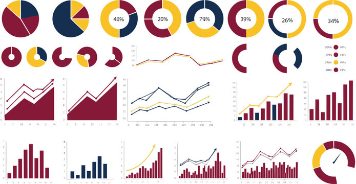 Business data visualization charts including pie charts, donut charts, line graphs, and bar charts for analytics and presentation design