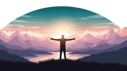 A silhouette of a person with arms outstretched stands on a grassy hill, facing a majestic sunrise over a serene lake and distant mountains. © Muflif