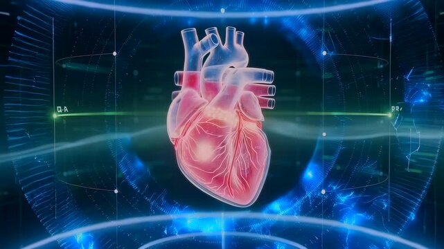 Heart hologram floating against digital ECG waveform and circular grid, detailed myocardium anatomy and beating pulse visualization for cardiology presentation and monitoring simulation.
