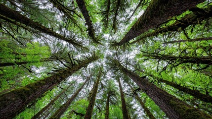 Obraz premium Lush Green Forest Canopy View Upward with Tall Trees and Dense Foliage Creating Intricate Patterns Against the Sky in Daylight