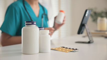 Asia woman people anti aging expert modern health care vlogger live advice talk selfie video mobile phone camera. Online retail diet weight loss digital virtual asian filming vitamin c pill drug store