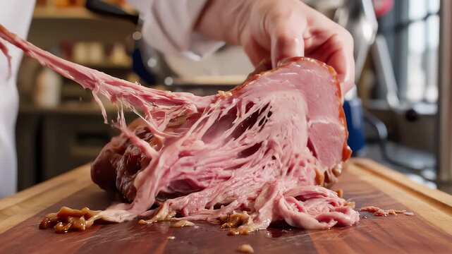 Chef Pulls Apart Tender Slow Smoked Pulled Pork Shoulder on Cutting Board