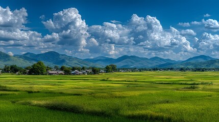Obraz premium Lush green rice paddy fields stretching to the horizon with distant mountains, a small village and a bright blue sky with fluffy white clouds.