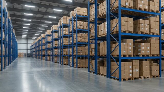 Spacious modern warehouse interior filled with stacked cardboard boxes on blue metal shelves