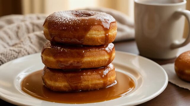 Delicious stacked donuts with caramel sauce, perfect for breakfast or dessert, capturing sweet treats in a cozy setting