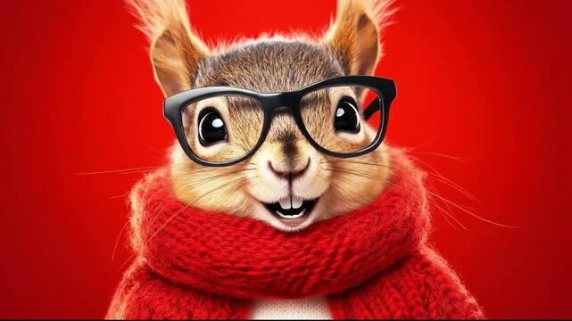A cheerful squirrel wearing glasses and a red scarf against a vivid background.