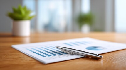 Professional workspace with financial reports and graphs on a wooden desk featuring a pen and a potted plant in the background with soft natural lighting