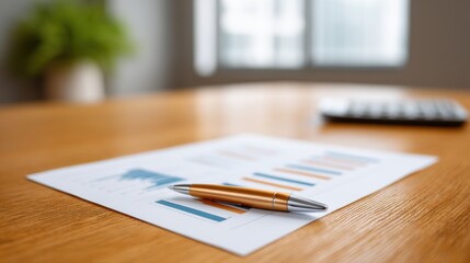 Detailed View of a Modern Workspace with Financial Graphs, Pen, and Calculator for Professional Business Analysis and Planning