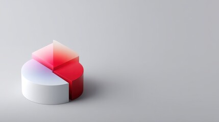 Abstract geometric pie chart with gradient colors in red, pink and white shades on a minimal gray background for modern data visualization concepts