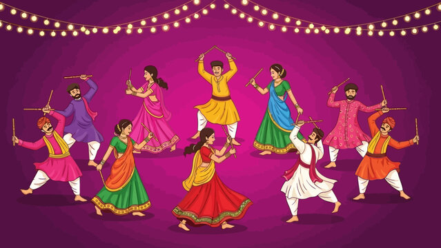 A vibrant illustration of men and women performing traditional Garba or Dandiya Raas dance during an Indian festival like Navratri, adorned in colorful ethnic outfits under festive string lights.
