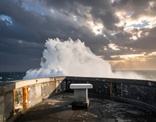 An ocean wave crashes over a seawall beneath a dramatic cloudy sky
