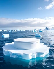 White cylindrical platform sits atop an iceberg amid icy ocean