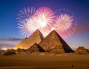 Pyramids of Giza illuminated by fireworks display at night.