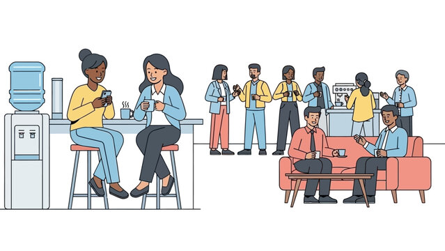 Diverse group of colleagues interacting and relaxing in a modern office breakroom.