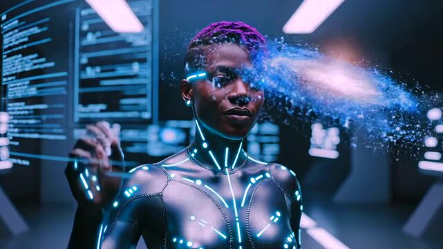 black female cyborg interacting with galaxy hologram and floating star particles, neon circuitry lines across body, futuristic ai studio environment with immersive visualization and creative