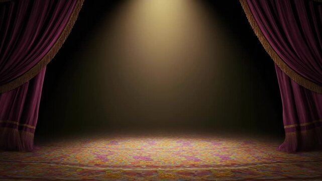 Elegant purple stage curtains with golden tassels creating a dramatic backdrop for performances