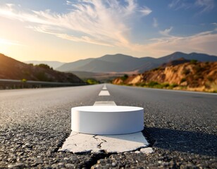 White podium on highway, mountains background, sunset