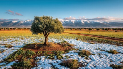 Snowy Field with a Solitary Tree Under a Clear Blue Sky and Mountain Range In The Background In A Sunny Weather Landscape