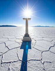 Bright sun over a salt flat with a vertical structure casting a shadow