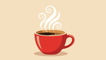 A steaming cup of hot coffee in a red mug on a light brown background.
