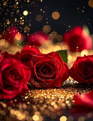 Romantic Red Roses with Golden Glitter - A Valentines Day Dream.