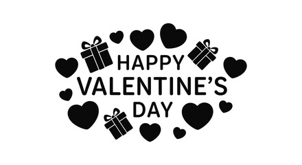 A charming valentine s day illustration featuring hearts gifts and a celebratory message in a dark silhouette