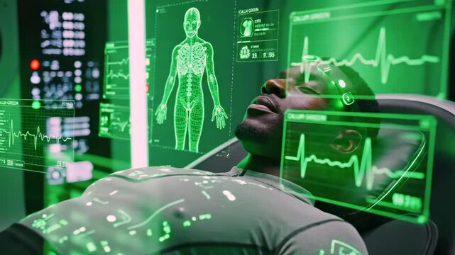 greenlit clinic scene showing patient in reclining pod with floating diagnostic displays and active vitals charts. immersive medical interface visualizes neural and cardiac data, monitoring