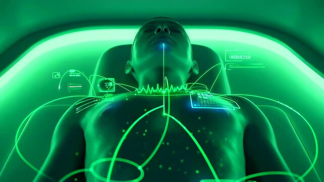 green scanner with patient chest and electrodes monitoring realtime vitals and holographic overlays in clinical pod. tense atmosphere with pulsing ecg waveform, sensor leads, bedside