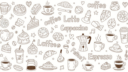 A delightful doodle art collection featuring various coffee drinks, pastries, cakes, and other sweet treats, perfect for cafe or bakery themes.