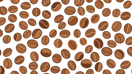 A seamless pattern of roasted coffee beans scattered across a white background, creating a visually appealing texture.