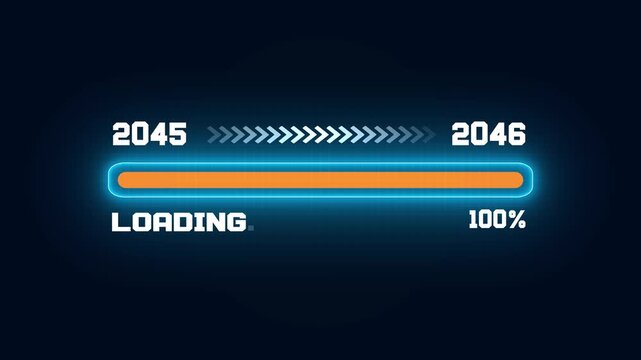 Digital progress bar showing transition from year 2045 to 2046, futuristic loading status interface with percentage and film frame