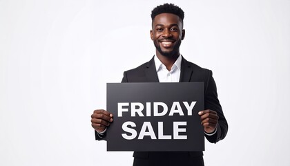 Smiling African American Man Announces Friday Sale in Business Attire.