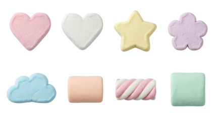 Pastel Marshmallow Confectionery Set Heart Star Flower Cloud Cylinder Spiral Cube Sweets Soft Matte Isolated