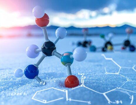 Molecular Structure Model on Snowy Surface with Blurred Background and Chemical Diagram.