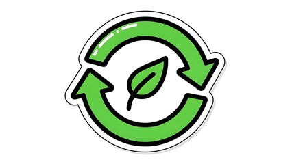 A bold green circular arrow symbol with a prominent green leaf in the center represents sustainable recycling practices.