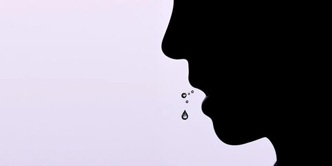 A simple black silhouette of a sneezing face, nose, and droplets, medicine, flat