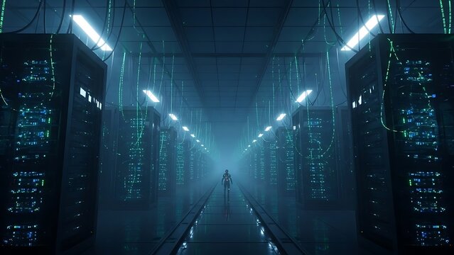 A lone person walks down a long, dark server room aisle with glowing blue lights and intricate data cables. - Powered by Adobe