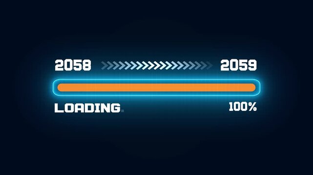 Digital loading bar showing progress from year 2058 to 2059, glowing status bar with minimalist border on dark background