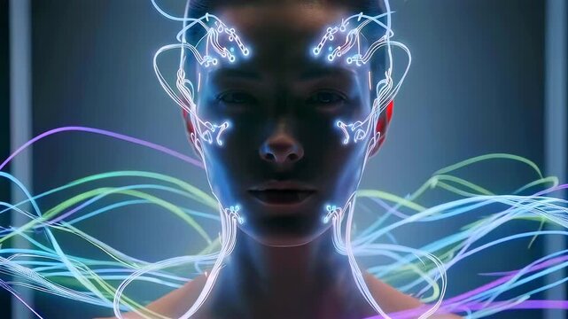 neonlit studio showing subject connected to glowing fiber strands and facial electrode patterns, creating immersive brainwave visualization. mysterious mood with rhythmic light flow,