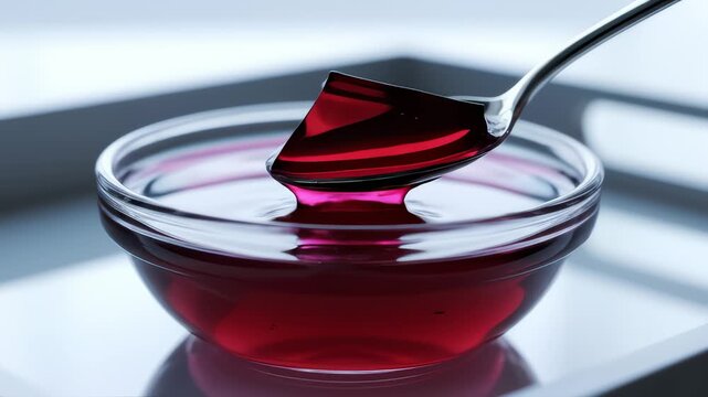 Spoon Scooping and Lifting Red Gelatin From Glass Bowl Close Up