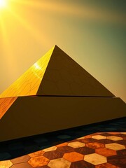 Gilded pyramid plunges, charting financial fear Hexagonal shadows deepen the unease ,  geometric pattern,  gold bars