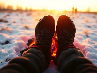 Crimson embers kiss wool-clad feet; a whispered warmth against the winter's chill ,  seasonal,  indoor