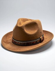 Stylish Brown Fedora Hat with Decorative Band on White Background.
