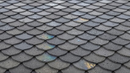 Close up of grey fish scale shingles with water droplets and subtle rainbow reflections