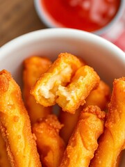 Close-up of golden fried dough sticks in white bowl, crispy and airy, cut for serving,  top down view, youtiao