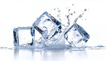 Three ice cubes splashing in water on a white background.