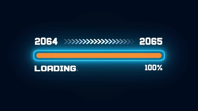 New year progress indicator from 2064 to 2065, technical loading status animation with glowing progress bar on black background