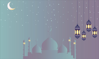 Ramadan Night with Mosque Crescent Moon and Hanging Lanterns for Eid, Ramadan and Islamic design. 