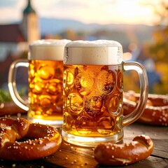 Two mugs of beer with pretzels on a wooden table.