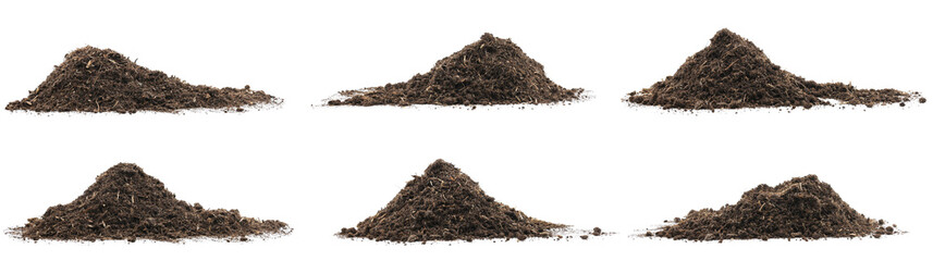 set pile peat moss soil, and mound compost Isolated on a white background. featuring natural dirt, texture on a clean surface, forming an earthy mound ideal for garden, compost, organic design use.